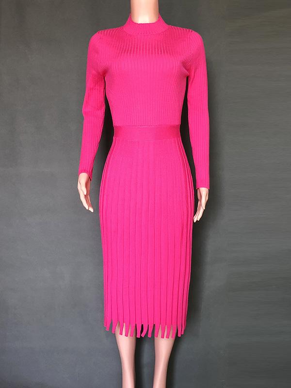 Solid Long-Sleeves Midi Dress