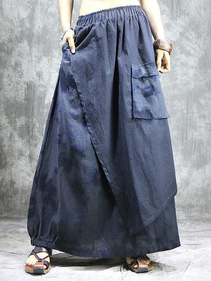 Loose Ramie Cotton Split-joint Printed Skirt Bottom