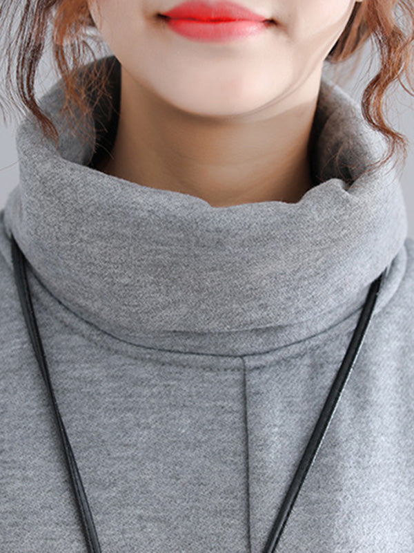 Simple Solid Color With Pocket High-Neck Long Sleeves Sweatshirt Dress