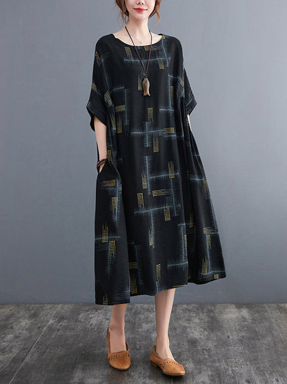 Artistic Retro Loose Striped Printed Contrast Color Midi Dress