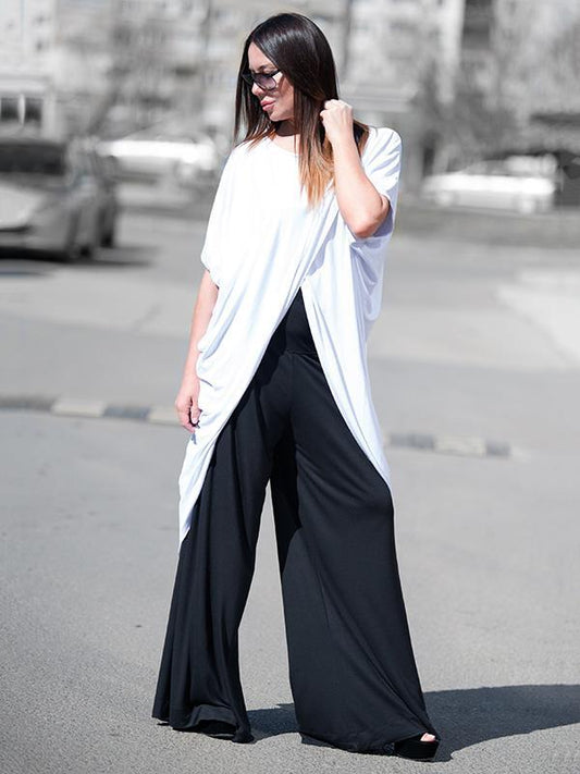 White Cropped Split Joint Batwing Sleeves T-Shirt Tops