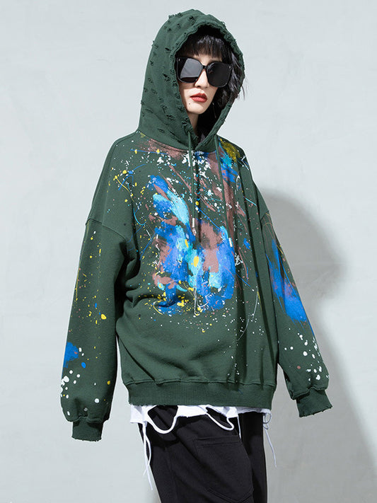 Fashion Printed Split-Joint Drawstring Hoodies Top