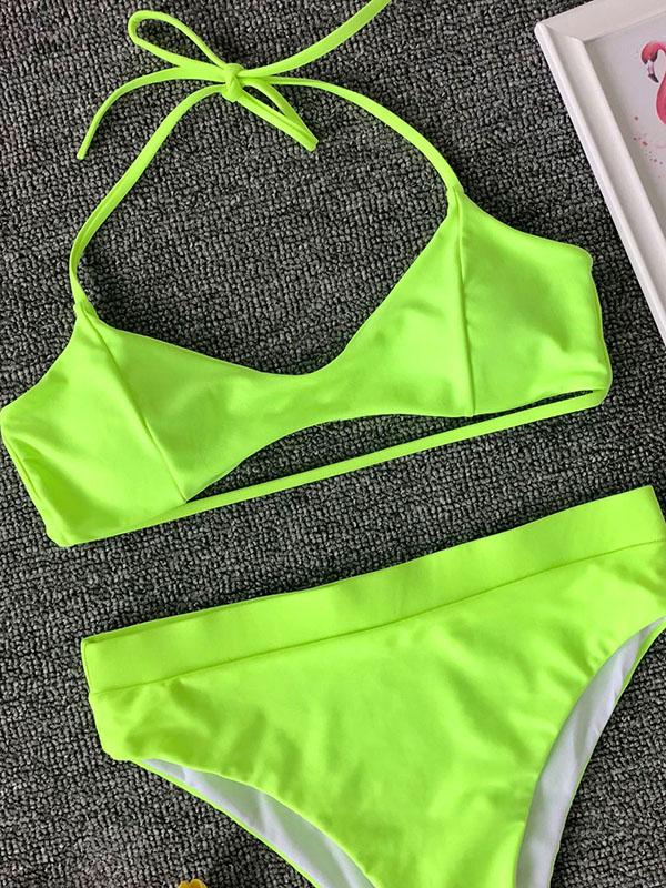 Solid Color Simple Bandage Split Bikini Swimsuit