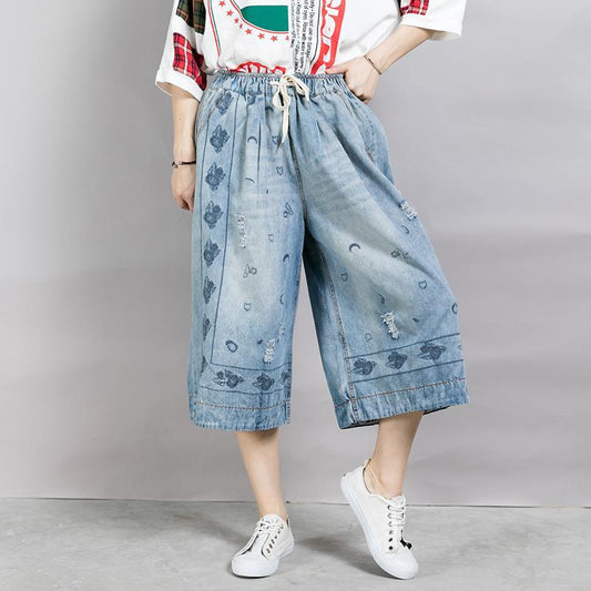 Embroidery Drawstring Casual Wide Leg Jeans