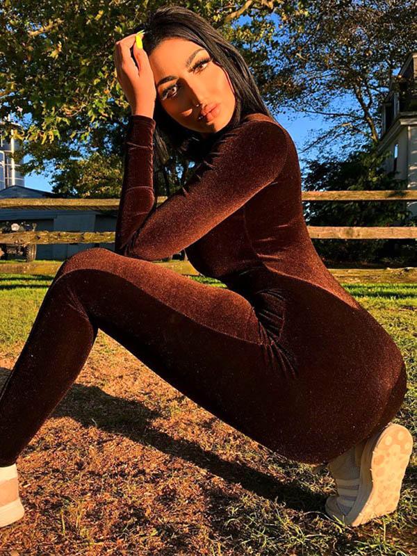 Sexy Solid Color Zipper Long Sleeves Sports Jumpsuits