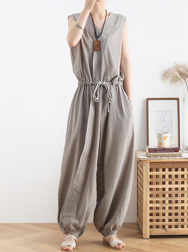 Original Solid Elasticity V-Meck Jumpsuits