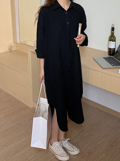 Simple Loose Casual Solid Color Buttoned Split-Side Lapel Collar Long Sleeves Midi Shirt Dress