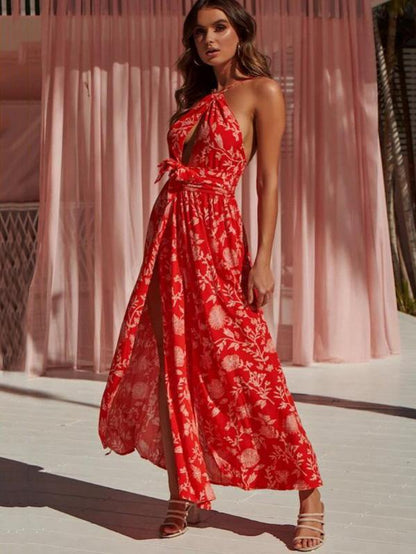 Printed Sexy Open-back Maxi Dress