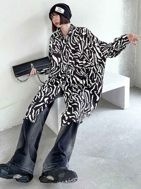 Stylish Printed Buttoned Batwing Sleeve Lapel Blouse Tops