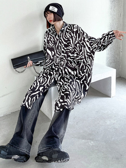 Stylish Printed Buttoned Batwing Sleeve Lapel Blouse Tops