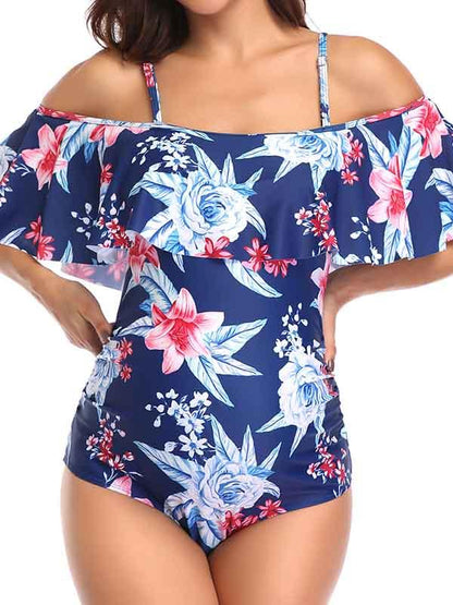 Cold Shoulder Floral Flounce Maternity One Piece Swimsuit
