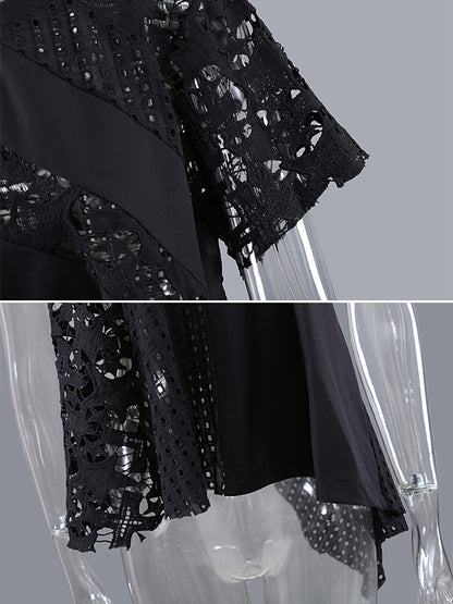 Irregular Hollow Lace Solid Color Round-Neck Short Sleeves T-Shirt Tops