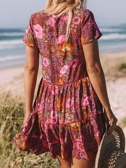 Printed V-neck Short Sleeve Mini Dress