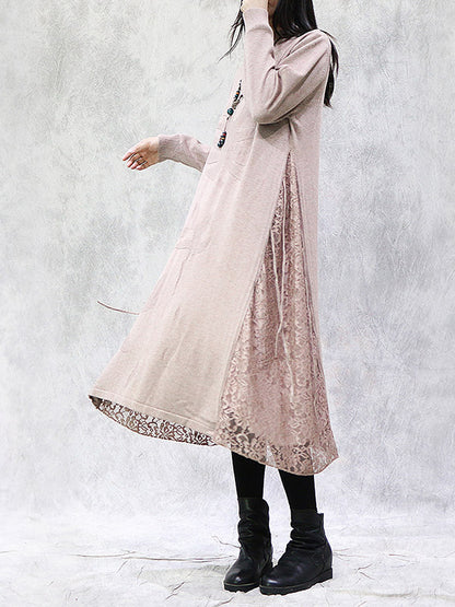 Artistic Retro Solid Color Split-Joint Embroidered Falbala Hollow Lace Tied Stand Collar Long Sleeves Knitted Sweater Dress