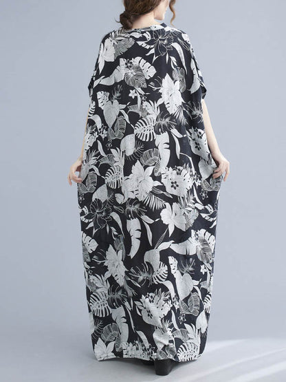 Loose Floral Printed V-Neck Half Sleeves Maxi Dress