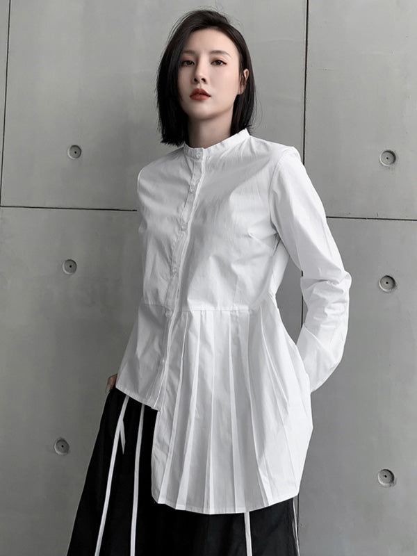 Stylish Irregular Solid Color Split-Joint Pleated Buttoned Stand Collar Long Sleeves Blouse