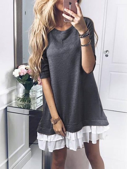 Round-neck Lace Hemline Mini Dress