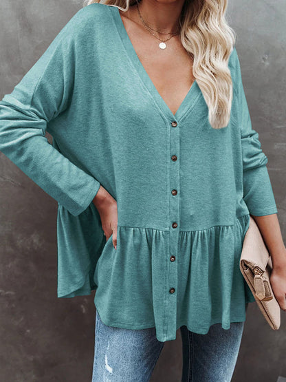 Casual 5 Colors Buttoned Falbala Pleated V-Neck Long Sleeves Outerwear