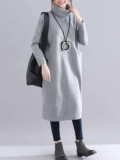 Simple Solid Color With Pocket High-Neck Long Sleeves Sweatshirt Dress