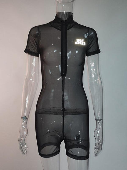 Printed Zipper See-through Mesh Rompers