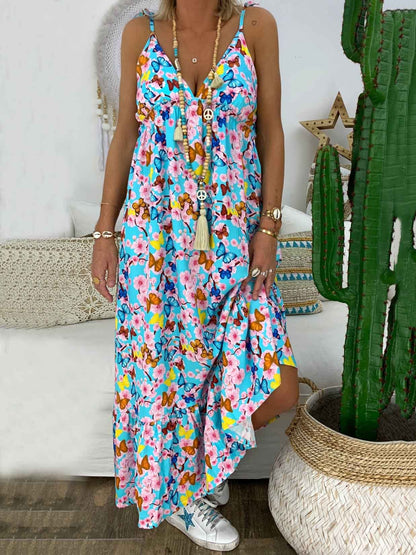Beach V-neck Printed Spaghetti-neck Maxi Dress