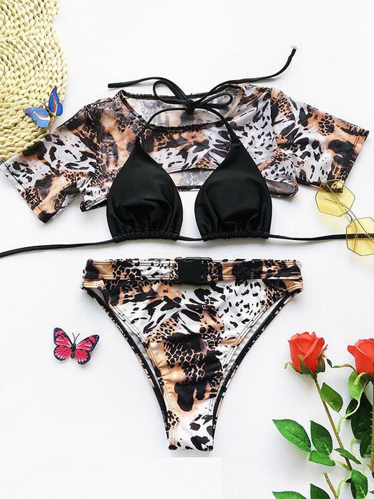 Sexy Net Yarn Leopard-Print Three-Piece Swimsuit