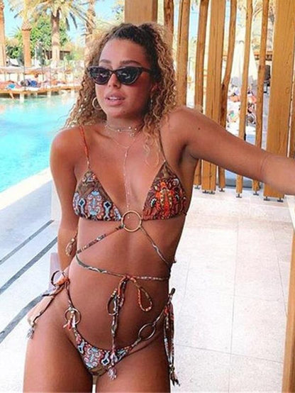 Triangles Bandage Metal Ring Split Bikini Swimsuit