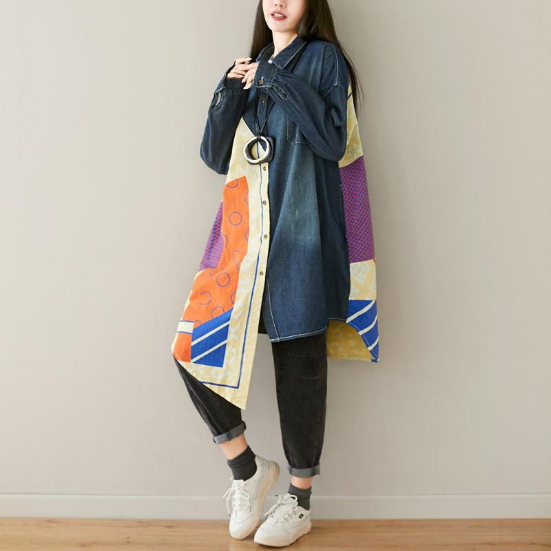 Buykud Personalized Patchwork Asymmetric Loose Denim Shirt