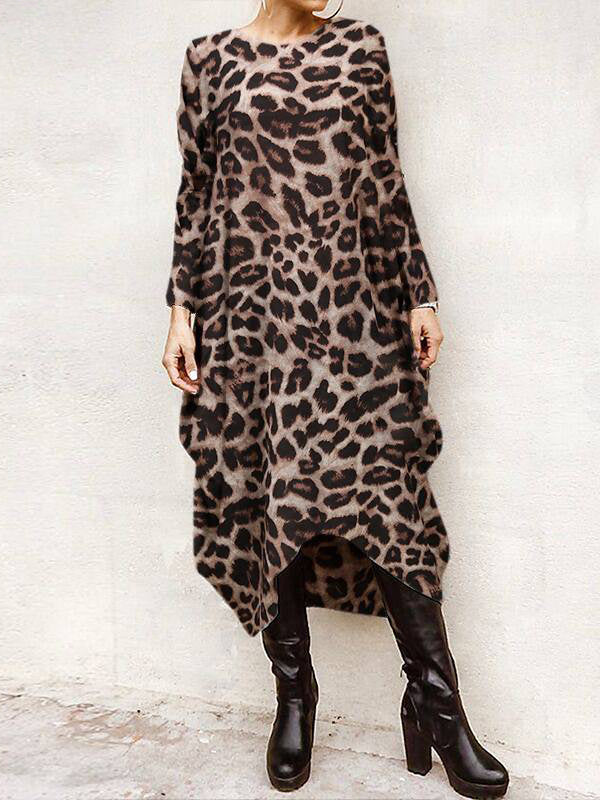 Loose Leopard Long-Sleeves High-Low Long Dress