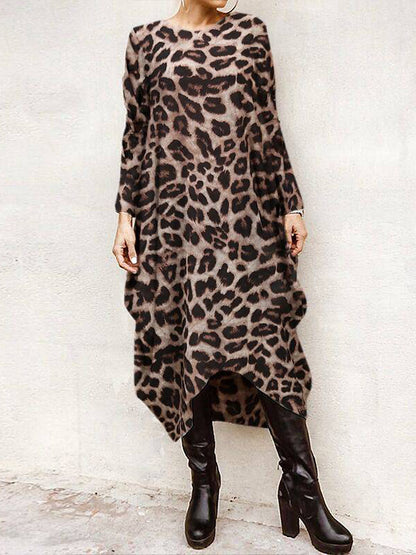 Loose Leopard Long-Sleeves High-Low Long Dress