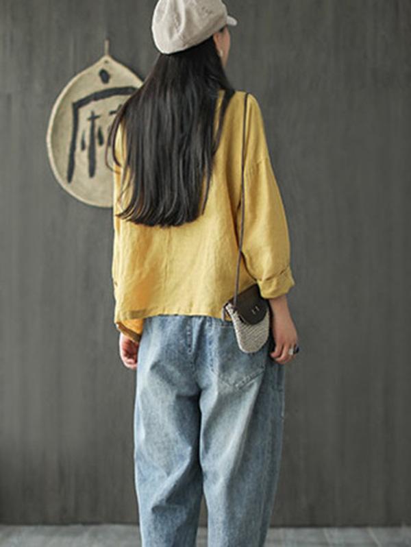 Artistic Retro Solid Shirt Blouse Tops