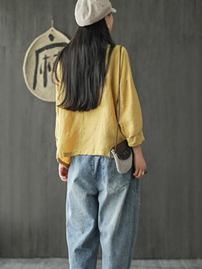 Artistic Retro Solid Shirt Blouse Tops