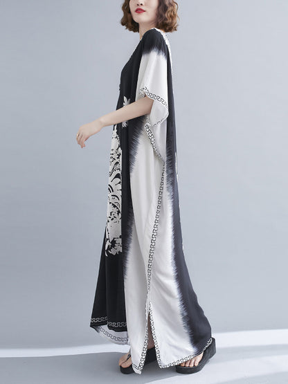 Bohemia Printed V-Neck Batwing Sleeves Contrast Color Maxi Dress