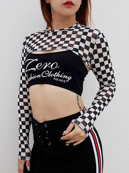 Grid Printed Long Sleeve Cropped Tees