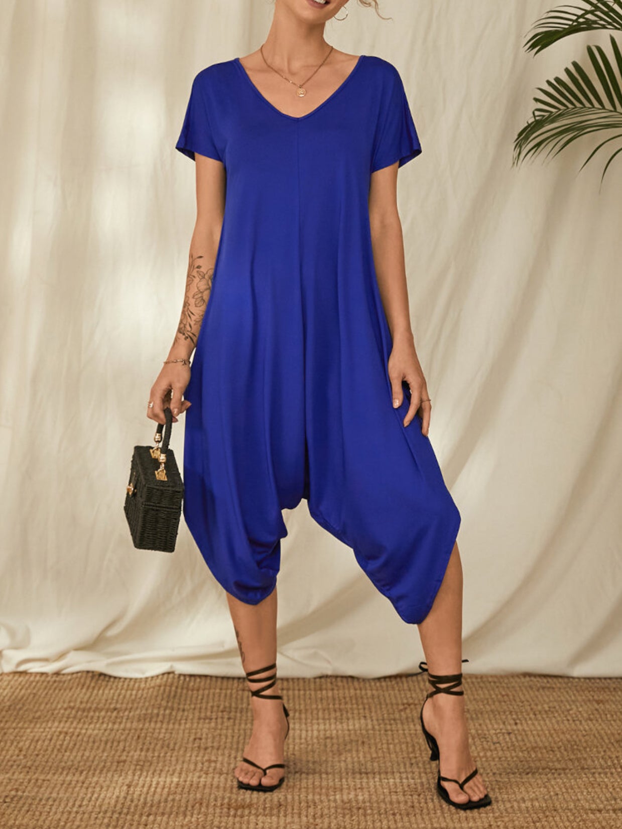 Causal Loose 3 Colors V-Neck Short Sleeves Wide Leg Rompers