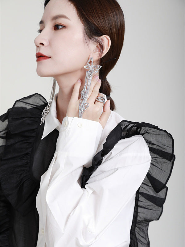 Stylish Irregular Contrast Color Split-Joint Falbala Mesh Drawstring Buttoned Lapel Collar Long Sleeves Blouse