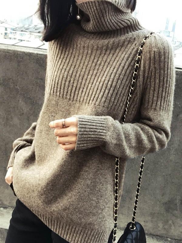Loose High-neck High-low Solid Casual Sweater