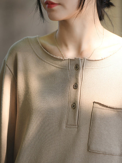 Artistic Retro Long Sleeves Loose Solid Color Round-Neck T-Shirts Tops