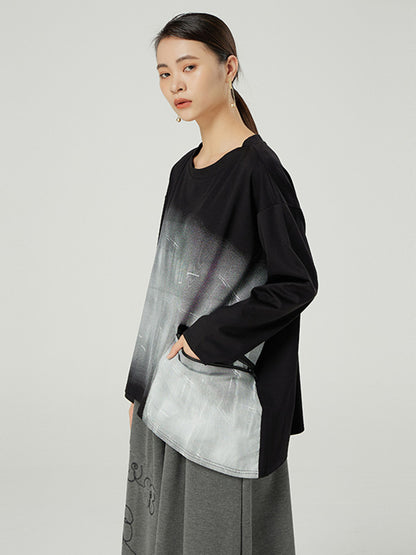 Original Asymmetric Split-Joint Gradient Round-Neck Long Sleeves T-Shirt Tops