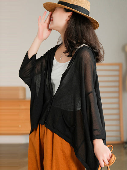 Casual Batwing Sleeve Hooded High-Low V-Neck Buttoned Cardigans