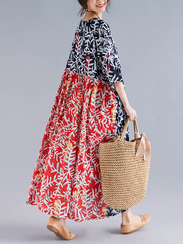 Original Printing Split-Joint Half Sleeve Midi Dress