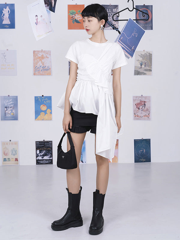 Fashion White Pleats Asymmetric Split-Joint Round-Neck T-Shirts Top