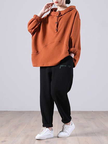 Casual Solid Color Buttoned Batwing Sleeve Hoodies