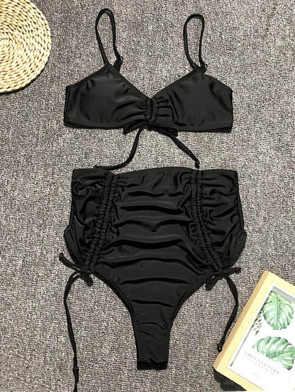 Solid Lace-Up Empire Bikini Swimsuit