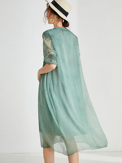 Original Artistic Retro Loose Embroidered Pleated Split-Joint Midi Dress