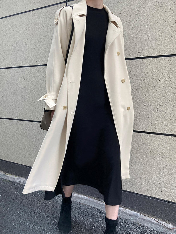 Chic Solid Color Buttoned Tied Notched Collar Long Sleeves Trench Coat