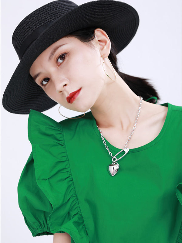 Original Irregular Solid Color Split-Joint Falbala Round-Neck Short Sleeves Midi Dress