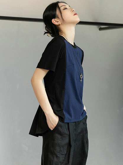 Stylish Split-Joint Black&Blue Back-Pleats Short Sleeves T-Shirt