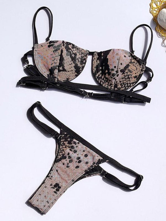 Snake-Print  Hollow Split Bikini Swimsuit