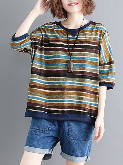 Casual Contrast Color Striped Short Sleeves T-Shirt Top